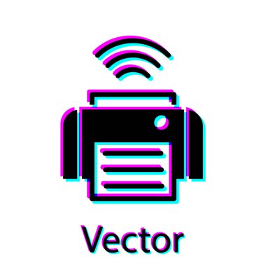 Siyah Akıllı yazıcı sistemi simgesi beyaz arkaplanda izole edildi. İnternet kavramının kablosuz bağlantısı. Vektör.