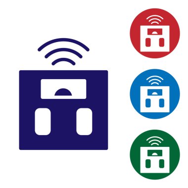Mavi Akıllı banyo ölçekleri beyaz arka planda izole edilmiş. Ağırlık ölçüm aletleri. İnternet kavramının kablosuz bağlantısı. Renkli kare düğmelerle simgeleri ayarla. Vektör.