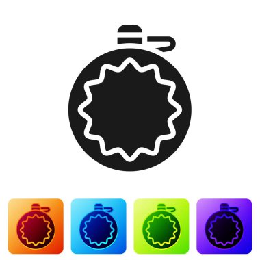 Siyah kantin su şişesi simgesi beyaz arkaplanda izole edilmiş. Turist matarası ikonu. Kampanyada bir kavanoz su kullanıldı. Renkli kare düğmelerle simgeleri ayarla. Vektör.