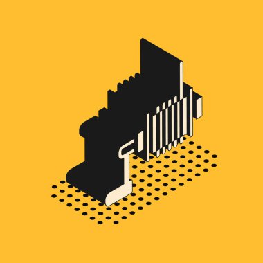 Sarı arka planda izole edilmiş balık ikonu için Isometric Spinning makarası. Balık bobini. Balık oltası. Vektör.