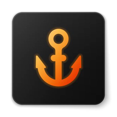 Beyaz arkaplanda turuncu parlayan neon anchor simgesi izole edildi. Siyah kare düğme. Vektör.