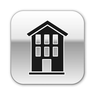 Siyah Saray simgesi beyaz arkaplanda izole edildi. Ev sembolü. Gümüş kare düğme. Vektör.