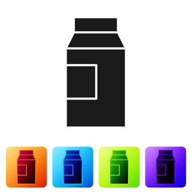 Süt simgesi için siyah kağıt paketi beyaz arka planda izole edildi. Süt paketi işareti. Renkli kare düğmelerle simgeleri ayarla. Vektör.