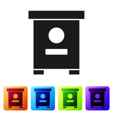 Beyaz arka planda izole edilmiş arılar için Siyah Kovan. Arı kovanı sembolü. Apiary ve arı yetiştiriciliği. Tatlı doğal yemek. Renkli kare düğmelerle simgeleri ayarla. Vektör.