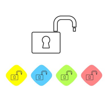 Gri çizgi Açık asma kilit simgesi beyaz arkaplanda izole edildi. Kilit açık işareti. Siber güvenlik kavramı. Dijital veri koruması. Renkli eşkenar dörtgen düğmelerine simgeleri yerleştir. Vektör.