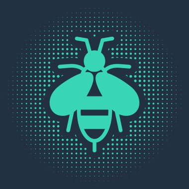 Yeşil Arı simgesi mavi arkaplanda izole edildi. Tatlı doğal yemek. Bal arısı ya da kanat sembollü apis. Uçan böcek. Soyut çember rastgele noktalar. Vektör.