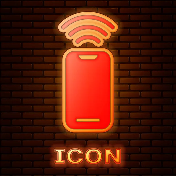 Lumineux Néon Icône Smartphone Sans Fil Isolé Sur Fond Mur — Image vectorielle