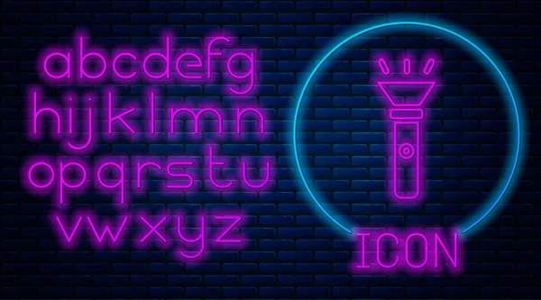 Leuchtende Neon Taschenlampe Symbol Isoliert Auf Backsteinwand Hintergrund Neonlicht Alphabet — Stockvektor
