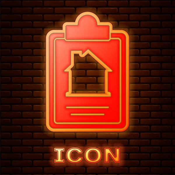 Gloeiende Neon House Contract Icoon Geïsoleerd Bakstenen Muur Achtergrond Contract — Stockvector