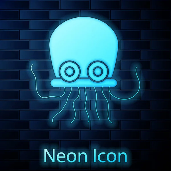 Icono Pulpo Neón Brillante Aislado Fondo Pared Ladrillo Vector — Vector de stock