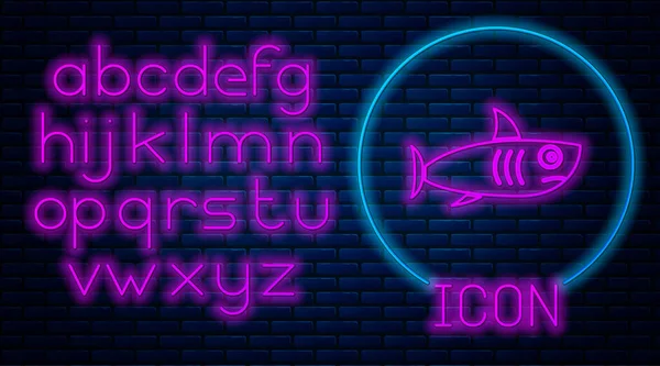 Ícone Tubarão Neon Brilhante Isolado Fundo Parede Tijolo Alfabeto Claro —  Vetores de Stock