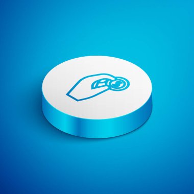 Isometric Line Hand para ikonunu mavi arka planda tutuyor. Dolar ya da USD sembolü. Nakit bankacılık tabelası. Beyaz daire düğmesi. Vektör İllüstrasyonu.