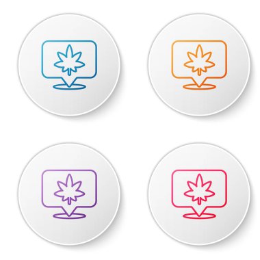 Renk çizgisi harita göstergesi ve marihuana veya kenevir yaprağı simgesi beyaz arkaplanda izole edilmiş. Kenevir sembolü. Simgeleri daire düğmelerine ayır. Vektör İllüstrasyonu.