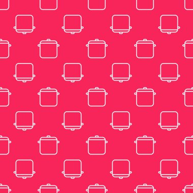 Beyaz çizgili tencere ikonu kırmızı arka planda izole edilmiş. Haşlama ya da güveç besin sembolü. Vektör İllüstrasyonu.