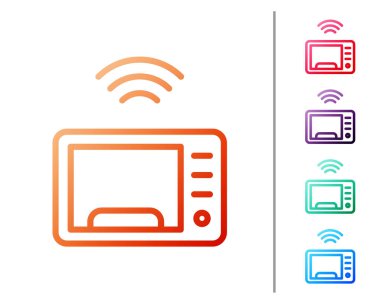 Kırmızı çizgi Akıllı mikrodalga fırın sistemi simgesi beyaz arkaplanda izole edildi. Ev aletleri simgesi. İnternet kavramının kablosuz bağlantısı. Renk simgelerini ayarla. Vektör.
