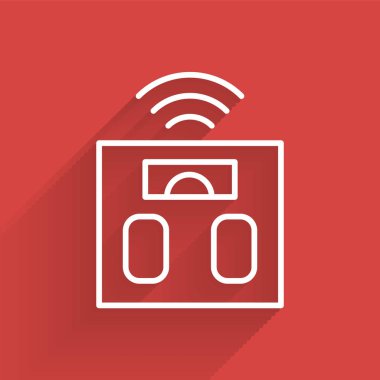 Beyaz çizgi Akıllı banyo ölçekleri uzun gölgeli izole edilmiş. Ağırlık ölçüm aletleri. İnternet kavramının kablosuz bağlantısı. Vektör.
