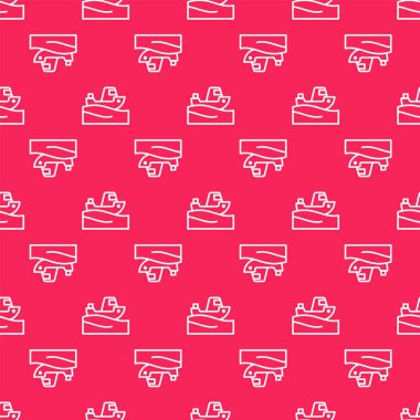 Su ikonu üzerinde beyaz çizgili balıkçı teknesi kırmızı arka planda izole edilmiş. Vektör.