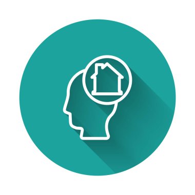 Beyaz Çizgili Adam uzun gölgeli yeni bir ev ikonu almayı hayal ediyor. Yeşil daire düğmesi. Vektör.