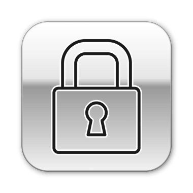 Siyah çizgi kilidi simgesi beyaz arkaplanda izole edildi. Asma kilit işareti. Güvenlik, güvenlik, koruma, gizlilik kavramı. Gümüş kare düğme. Vektör.