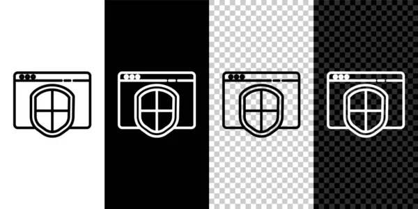 Ställ Linje Browser Med Sköld Ikon Isolerad Svart Och Vit — Stock vektor