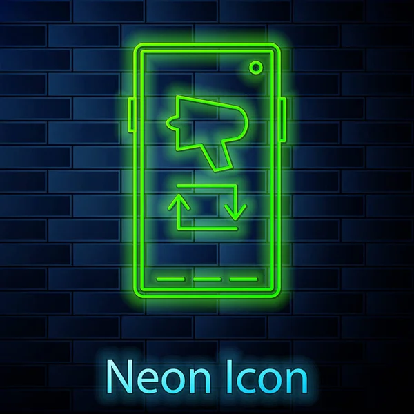 Świecąca Neonowa Linia Rozprzestrzeniać Słowo Megafon Ikonie Telefonu Komórkowego Izolowane — Wektor stockowy