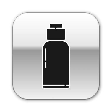 Siyah kantin su şişesi simgesi beyaz arkaplanda izole edilmiş. Turist matarası ikonu. Kampanyada bir kavanoz su kullanıldı. Gümüş kare düğme. Vektör İllüstrasyonu.