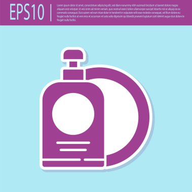 Retro mor bulaşık deterjanı şişesi ve turkuaz arka planda izole edilmiş tabak ikonu. Bulaşık yıkamak için sıvı deterjan. Vektör İllüstrasyonu.