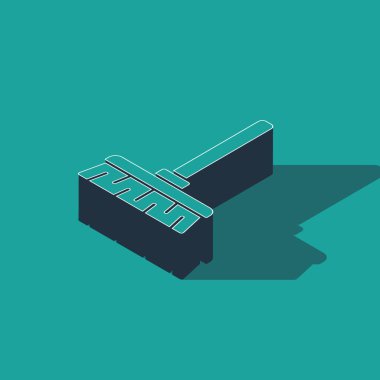 Isometric Saplı süpürge simgesi yeşil arkaplanda izole edildi. Temizlik hizmeti konsepti. Vektör İllüstrasyonu.