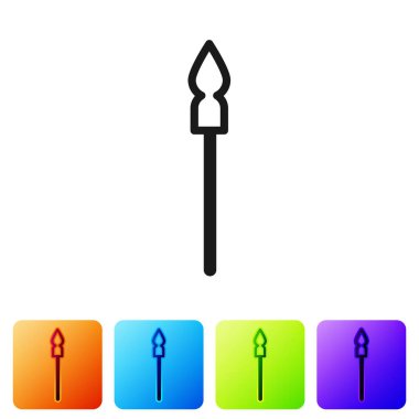Beyaz arka planda siyah ortaçağ mızrak ikonu izole edildi. Ortaçağ silahı. Renkli kare düğmelerle simgeleri ayarla. Vektör.