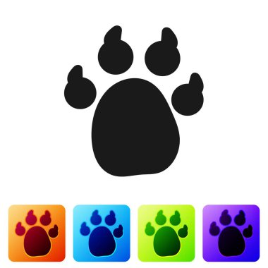 Siyah Pençe yazdırma simgesi beyaz arkaplanda izole edildi. Köpek ya da kedi pençesi izi. Hayvan izleri. Renkli kare düğmelerle simgeleri ayarla. Vektör.