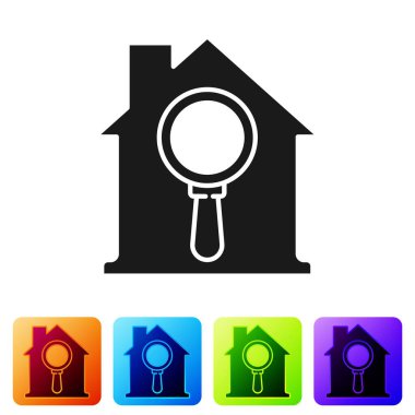 Siyah Arama Evi simgesi beyaz arkaplanda izole edildi. Büyüteç altındaki bir evin emlak sembolü. Renkli kare düğmelerle simgeleri ayarla. Vektör.
