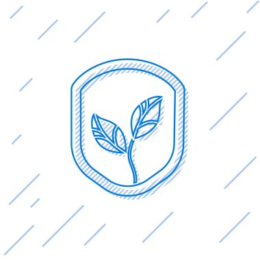 Beyaz arkaplanda yaprak simgesi olan mavi çizgi kalkanı. Yapraklı çevre dostu güvenlik kalkanı. Vektör.