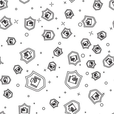 Siyah çizgili seyahat valizi, beyaz arka planda izole edilmiş ikon kalkanlı. Seyahat bagaj sigortası. Güvenlik, güvenlik, koruma, konsept koruma. Vektör..