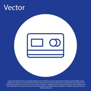 Mavi çizgi kredi kartı simgesi mavi arkaplanda izole edildi. Çevrimiçi ödeme. Nakit çekilmesi. Finansal operasyonlar. Alışveriş tabelası. Beyaz daire düğmesi. Vektör İllüstrasyonu.