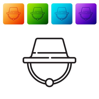 Siyah çizgi kamp şapkası simgesi beyaz arkaplanda izole edildi. Plaj şapkası panaması. Avcılık, yürüyüş ve turizm için gezgin şapkası. Renkli kare düğmelerle simgeleri ayarla. Vektör İllüstrasyonu.