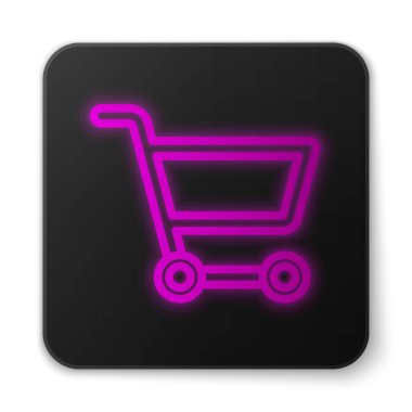 Parlayan neon hattı alışveriş arabası simgesi beyaz arka planda izole edildi. İnternetten satın alma konsepti. Servis tabelası. Süpermarket sepeti sembolü. Siyah kare düğme. Vektör İllüstrasyonu.