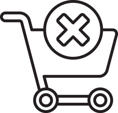 Siyah çizgi beyaz arkaplanda izole edilmiş alışveriş arabası simgesini kaldır. İnternetten satın alma konsepti. Teslimat servisi. Süpermarket sepeti ve X işareti. Vektör İllüstrasyonu.