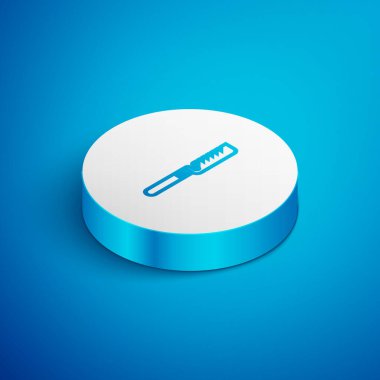 Isometric Line Medikal ikonu mavi arka planda izole edilmiş. Kemik kesmek, uzuv kesmek ve kemik nakli için cerrahi testere tasarlandı. Beyaz daire düğmesi. Vektör İllüstrasyonu.