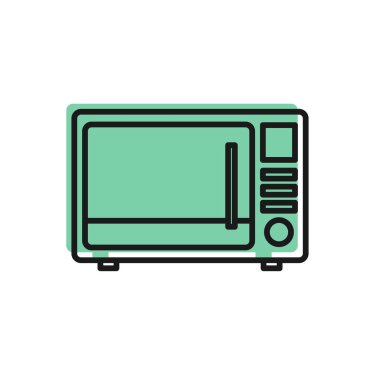 Beyaz zemin üzerinde siyah çizgi mikrodalga fırın ikonu izole edildi. Ev aletleri simgesi. Vektör İllüstrasyonu.