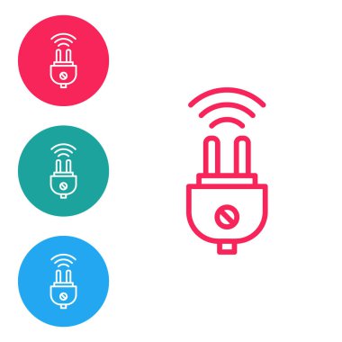 Kırmızı çizgi Akıllı elektrik dolgu sistemi simgesi beyaz arkaplanda izole edildi. İnternet kavramının kablosuz bağlantısı. Simgeleri daire düğmelerine ayır. Vektör.