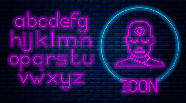 Glowing Neon Man Third Eye Icon Isolated Brick Wall Background — Stock Vector