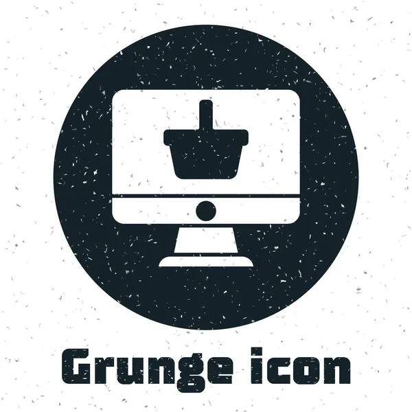 Grunge Computermonitor Mit Warenkorb Symbol Isoliert Auf Weißem Hintergrund Online — Stockvektor