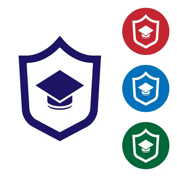 Gorra Graduación Azul Con Icono Escudo Aislado Sobre Fondo Blanco — Vector de stock
