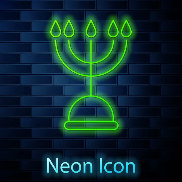 Glödande Neon Linje Hanukkah Menorah Ikon Isolerad Tegelvägg Bakgrund Hanukkah — Stock vektor