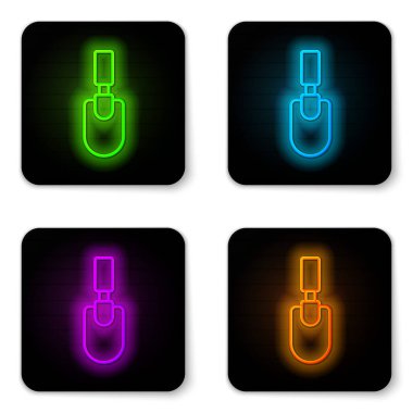 Beyaz arkaplanda parlayan neon hattı bahçe küreği ya da kürek ikonu izole. Bahçe aletleri. Bahçecilik, tarım, çiftçilik aleti. Siyah kare düğme. Vektör.