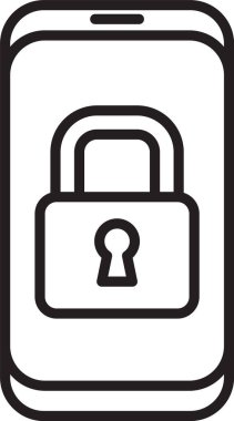 Beyaz arkaplanda izole edilmiş asma kilit simgesine sahip siyah çizgi akıllı telefon. Kilitli telefon. Gezici güvenlik, güvenlik, koruma konsepti. Vektör.