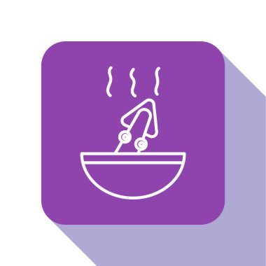 Beyaz zemin üzerinde ahtapot simgesi olan beyaz çizgi çorbası. Mor kare düğme. Vektör..