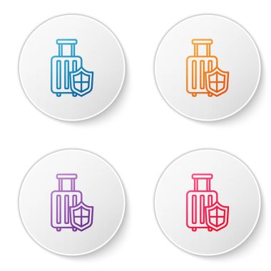 Renkli seyahat valizi beyaz arka planda izole edilmiş kalkan simgesi. Seyahat bagaj sigortası. Güvenlik, güvenlik, koruma, konsept koruma. Simgeleri daire düğmelerine ayır. Vektör..