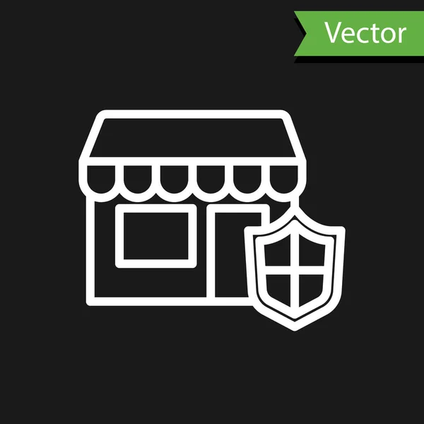 黒の背景にシールドアイコンが隔離されたホワイトラインショッピングビル 保険の概念 セキュリティ 安全性 保護の概念 ベクトル — ストックベクタ