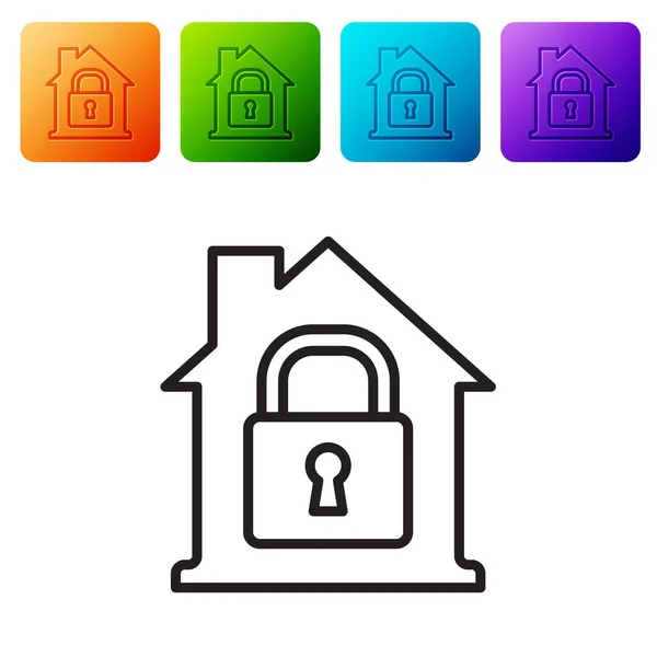 Black Line House Protection Icon Isolated White Background Home Lock — Stock Vector